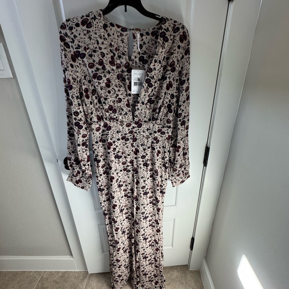 Free People Cream and Purple Floral Long Sleeve Dress